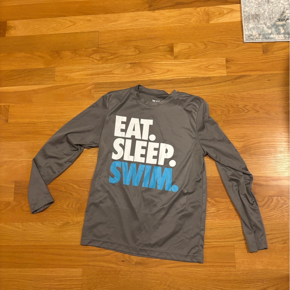 Gray Long Sleeve Shirt with Blue and White Print